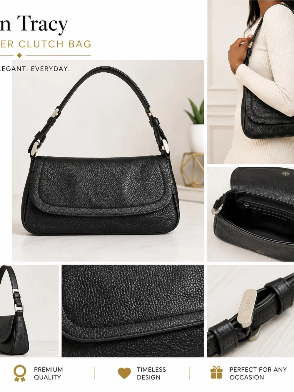 Ellen Tracy Black Pebbled Leather Shoulder Bag